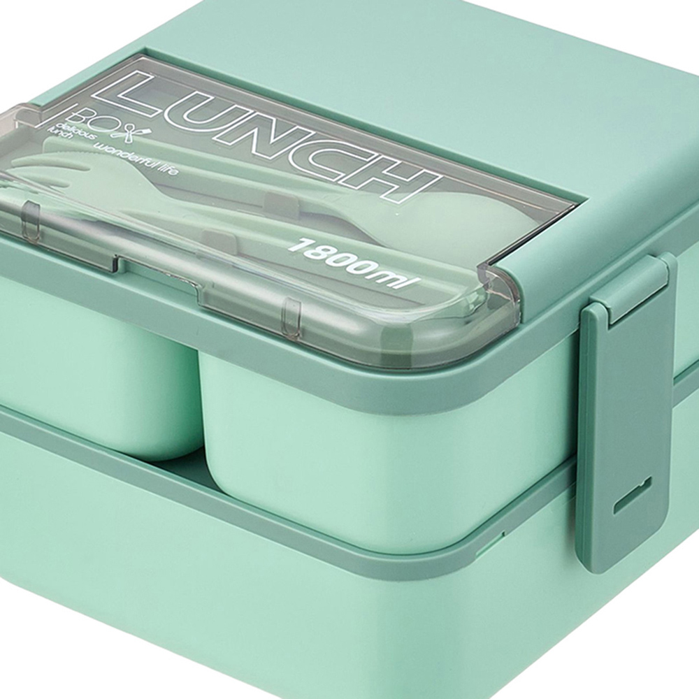 Living and Home 1.8L 2-Tier Green Lunch Box with Cutlery and 2 Top Compartments Image 7