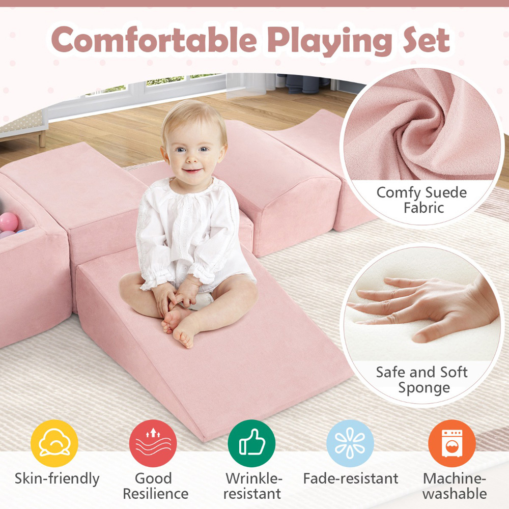 Costway Kids Pink 5 Piece Climb and Crawl Play Set with Ball Pit Image 6