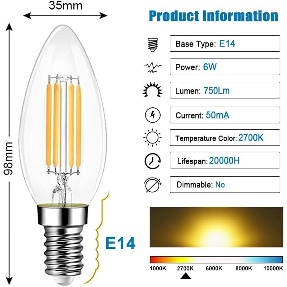 ExtraStar 10 Pack E14 Warm White 6W LED Filament Candle Light Bulb Image 3