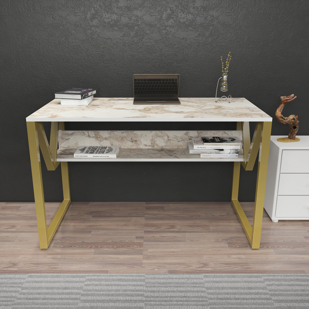 Decorotika Lona Single Shelf Study and Writing Desk White Marble Effect and Gold Image 5