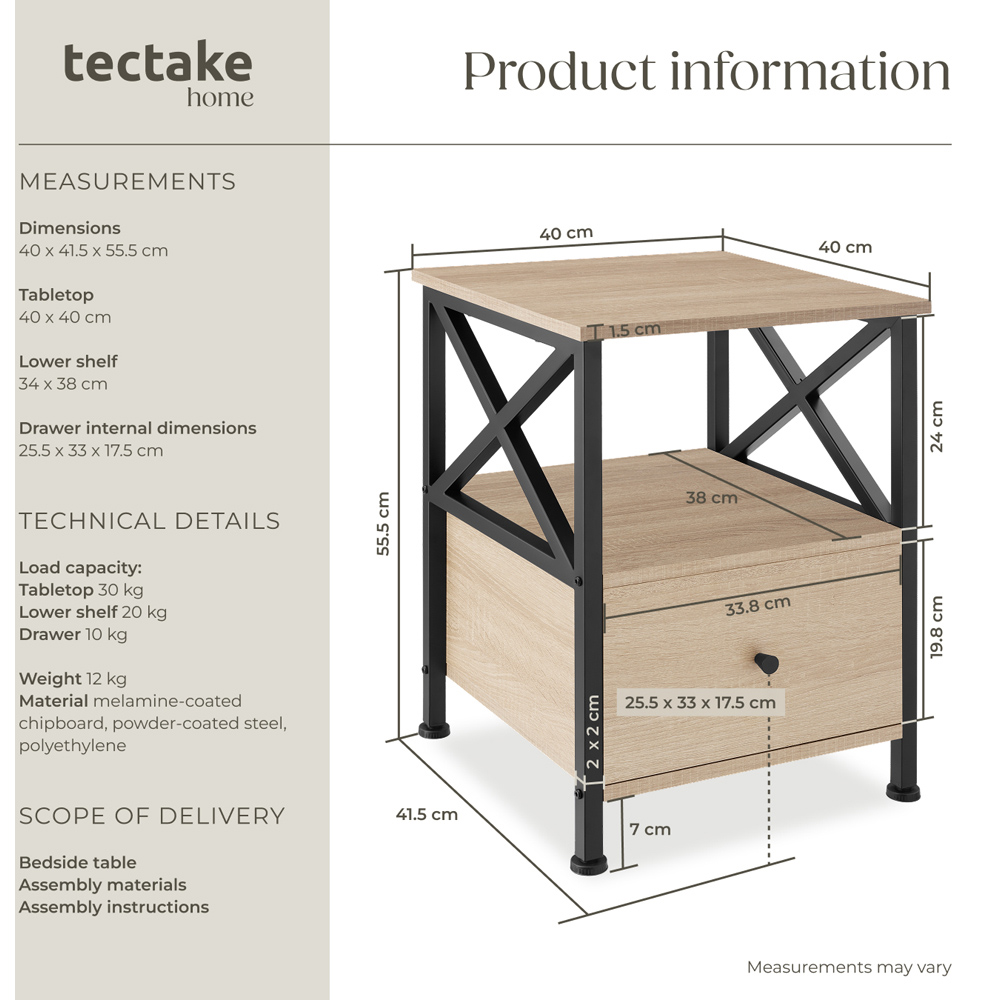 tectake Falkirk Single Drawer 2 Shelf Light Sonoma Oak Bedside Table Image 9
