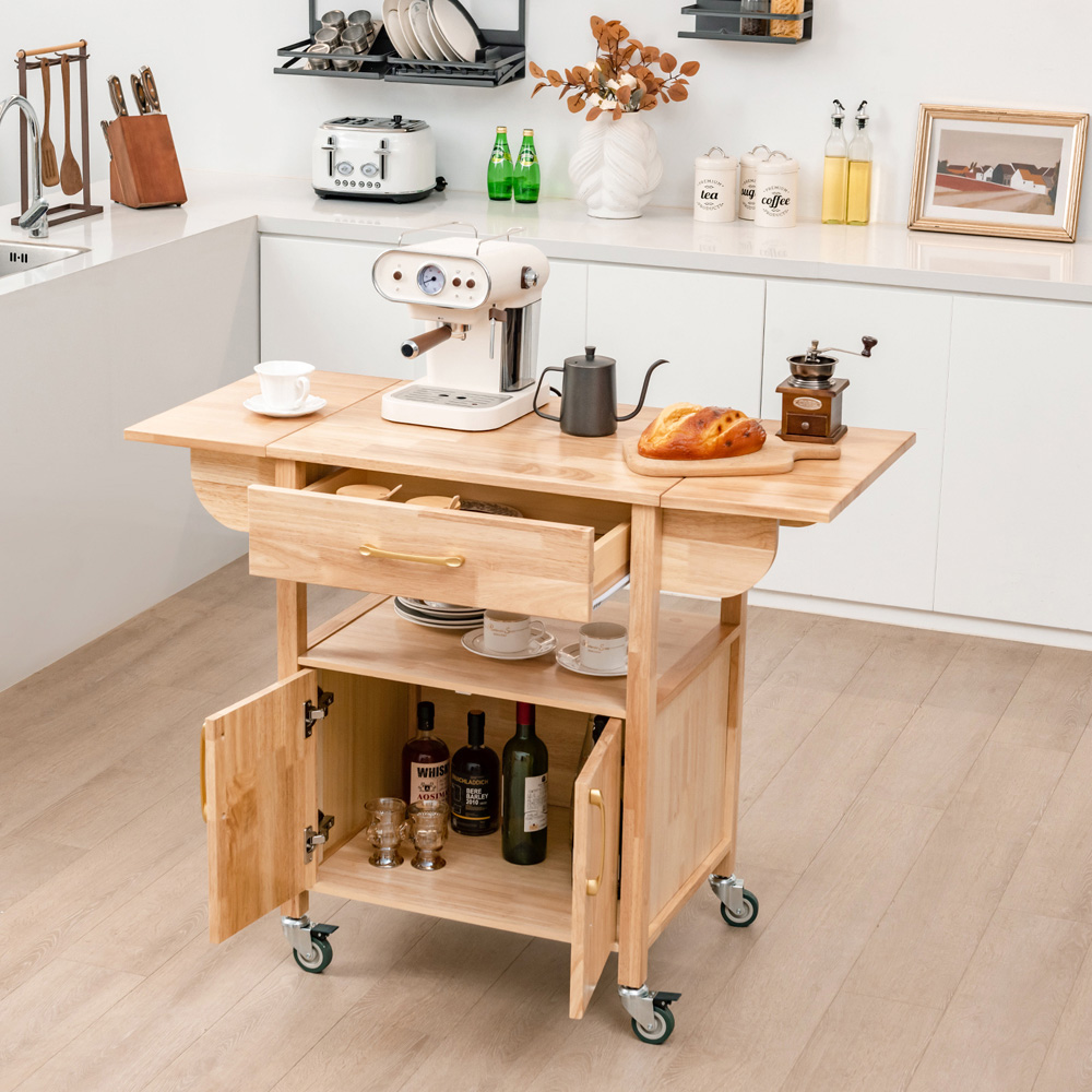 Costway 2 Door Single Drawer Natural Drop Leaf Kitchen Island Trolley Image 4