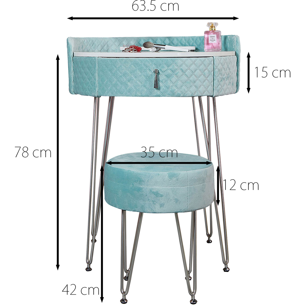 CARME Home French Riviera Single Drawer Baby Blue Upholstered Velvet Dressing Table Set Image 7