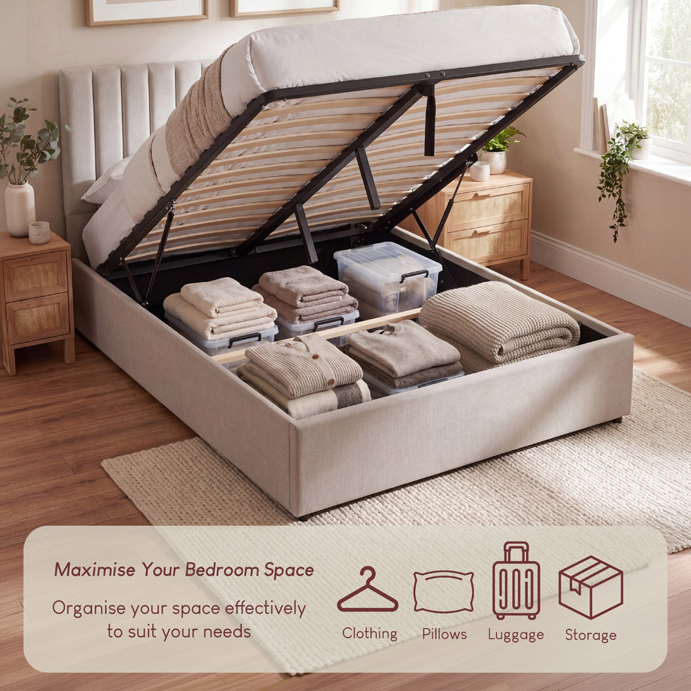 VIDA DESIGNS Vellaro King Size Beige Linen Fabric Ottoman Bed with Headboard Image 5