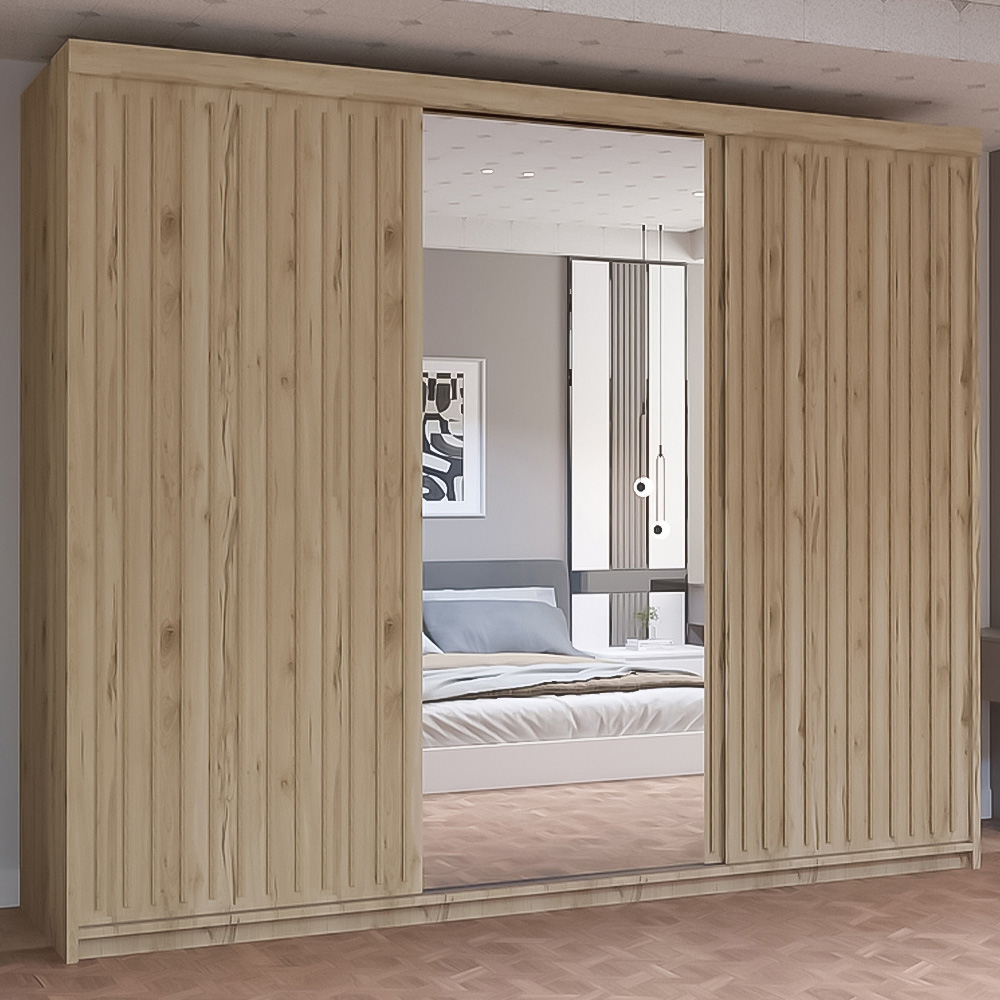 M N Furniture Roman 3 Door Oak Mirrored Sliding Wardrobe 250cm Image 1