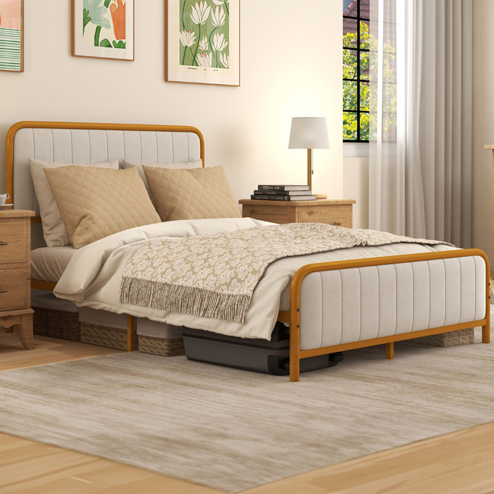 Costway Double Mustard and White Upholstered Metal Bed Frame Image 1