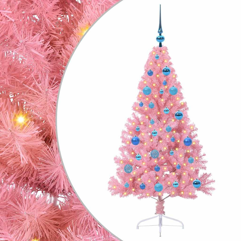 vidaXL Pre-Lit Blue Baubles Pink Artificial Christmas Tree 5ft Image 2