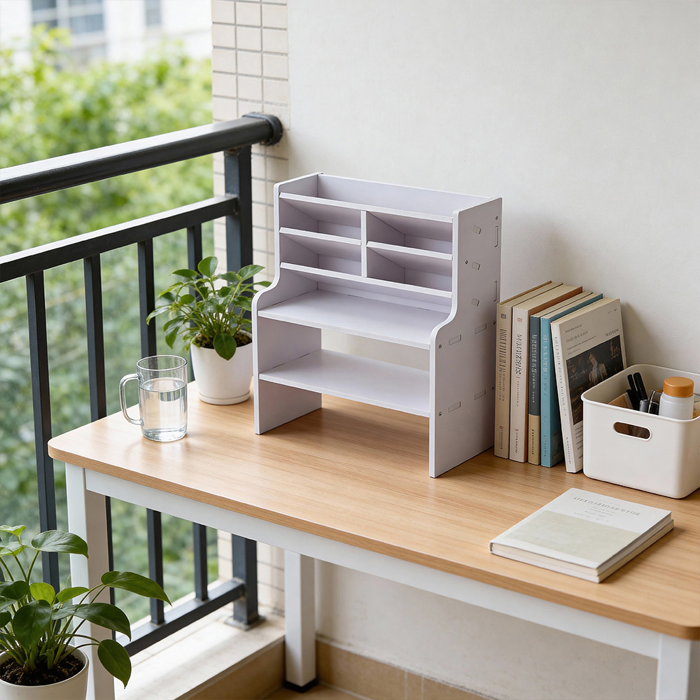 Living and Home 2 Shelf White Desktop Storage Shelf with Raised Base and Angled Compartments Image 8