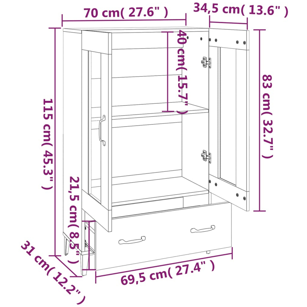 vidaXL 2 Glass Door Single Drawer White Highboard Image 9