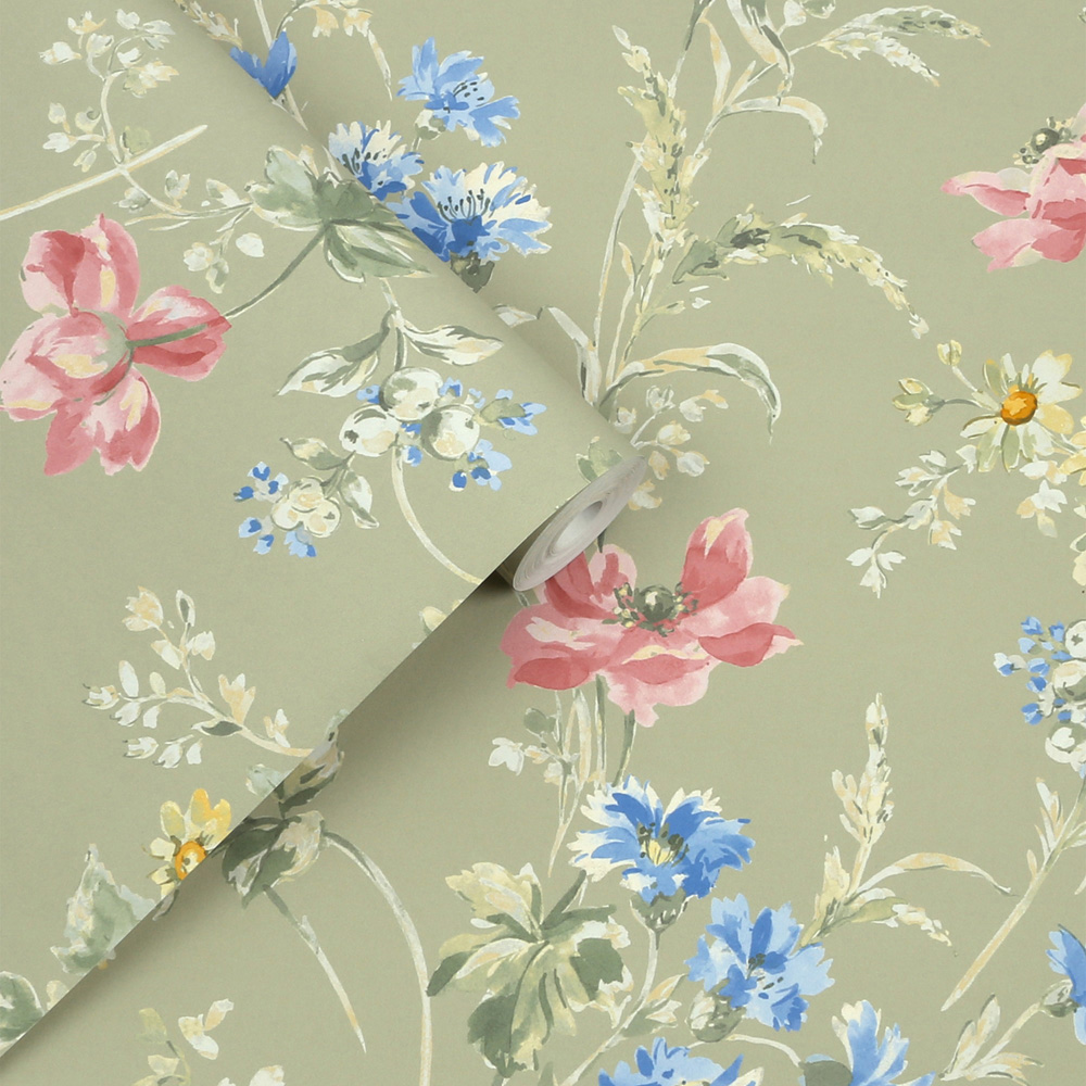 Laura Ashley Poppy Meadow Sage Green Wallpaper Image 2