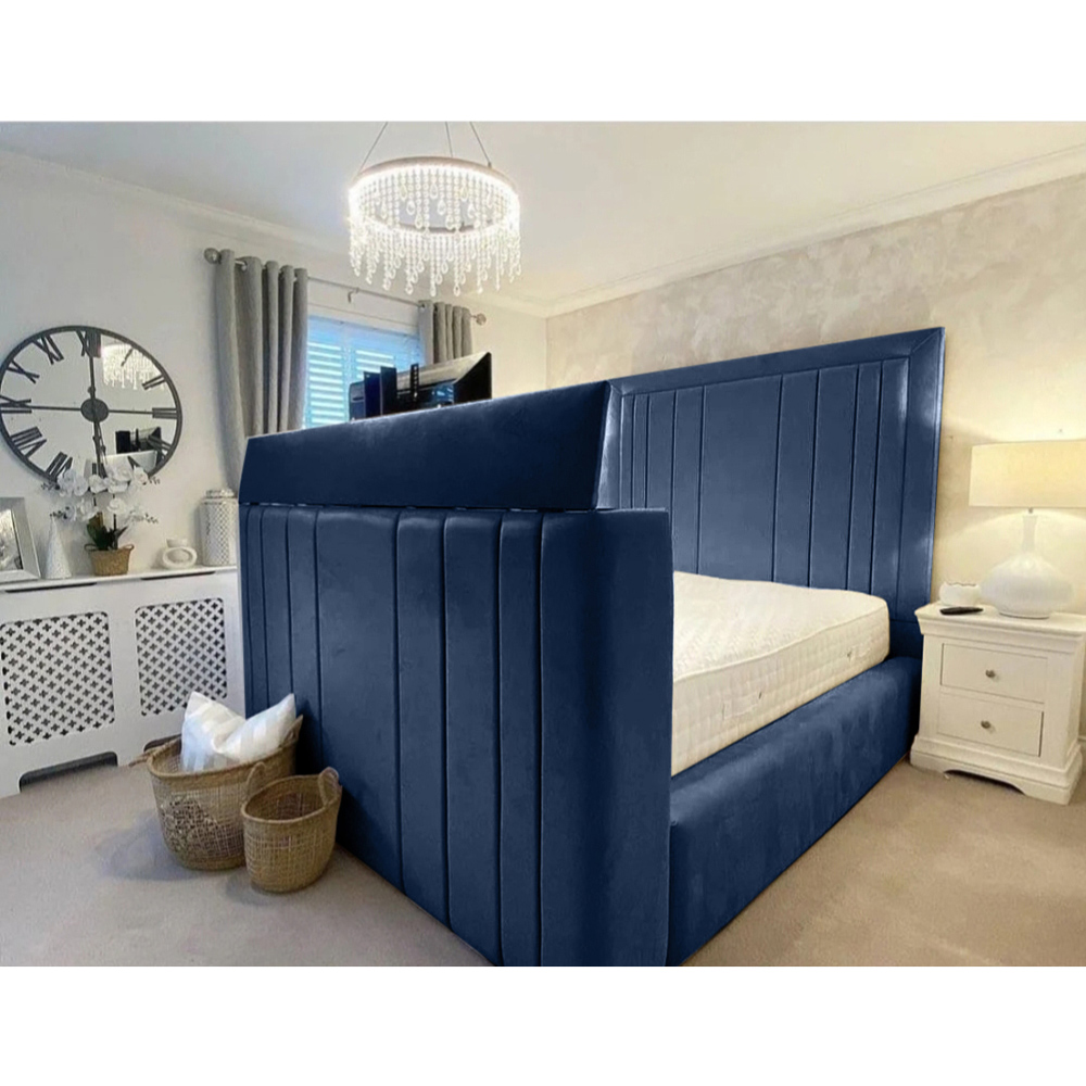 Eleganza Home Genna Double Blue Plush Velvet TV Bed Frame with Lined Headboard Image 3