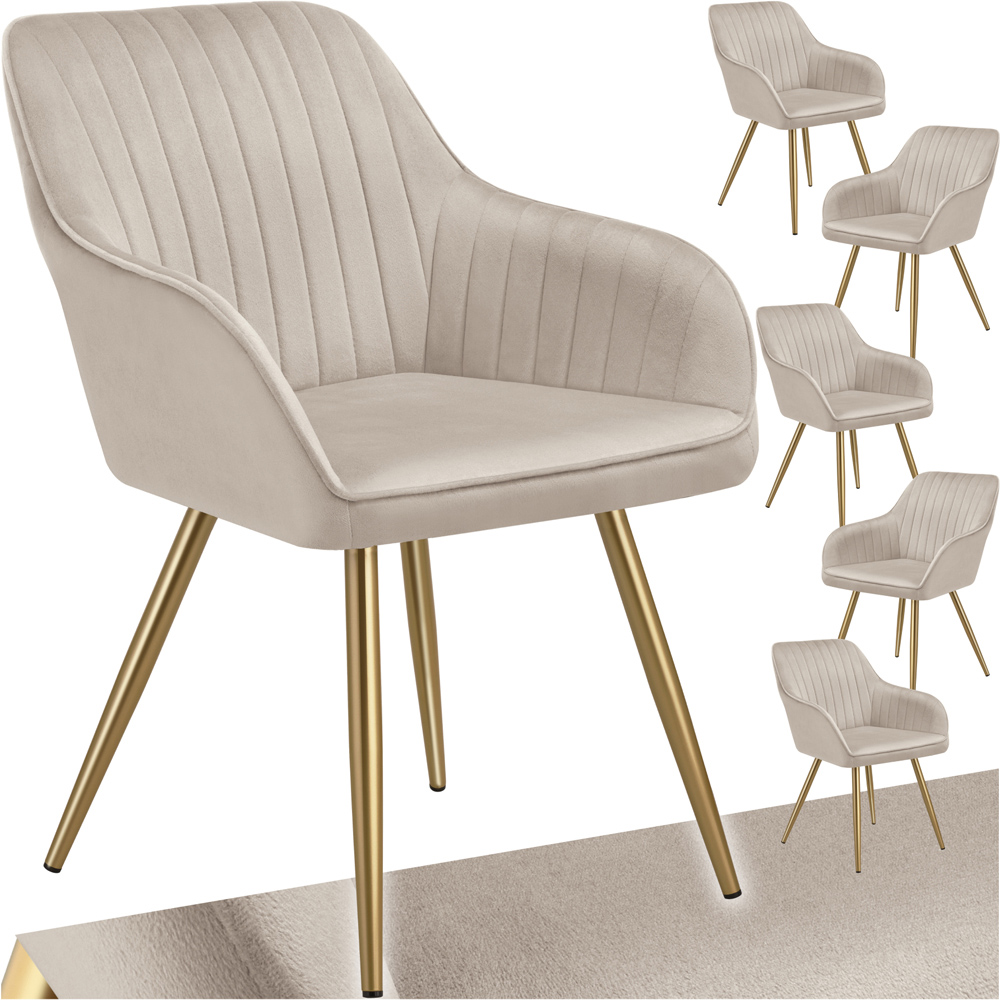Tectake Marilyn Set of 6 Taupe and Gold Quilted Velvet Continuous Backrest Dining Chair Image 2