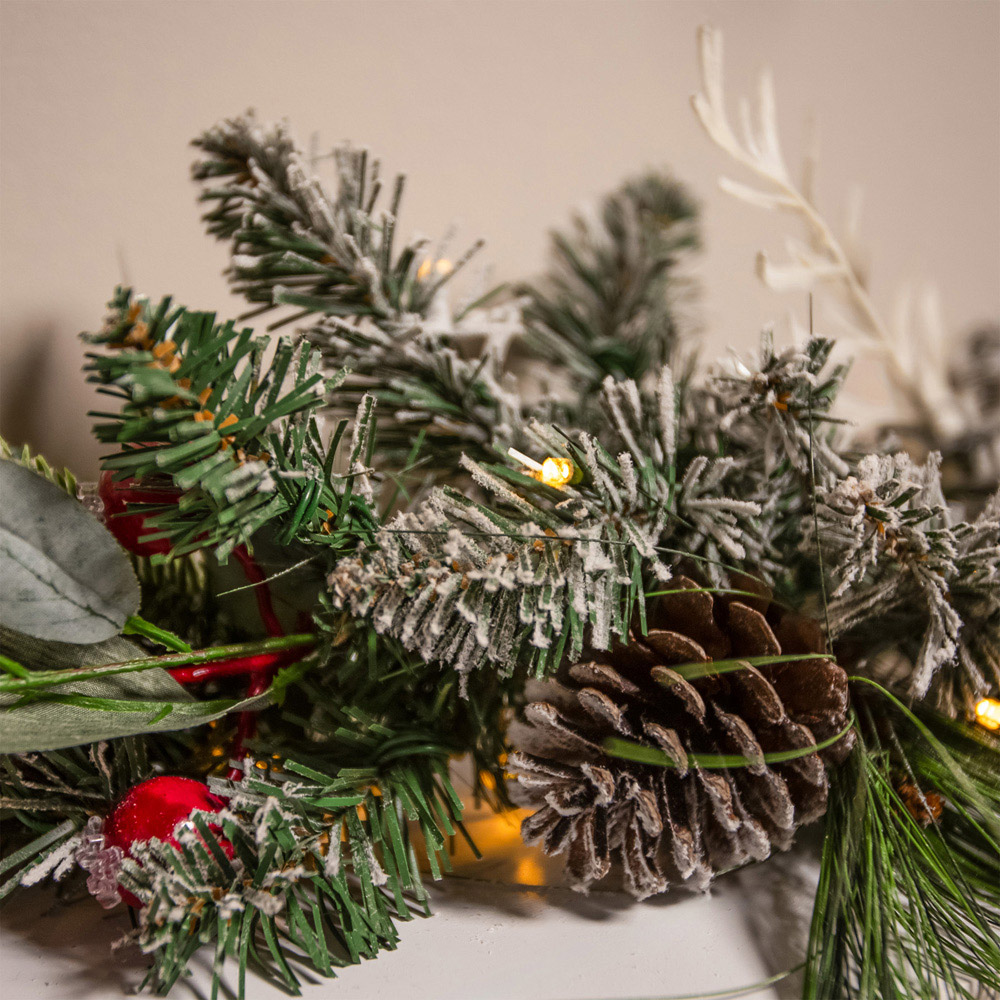 The Christmas Centre 50 Warm White LED Pre-Lit Jack Frost Wreath with Red Berries and Pinecones 66cm Image 5