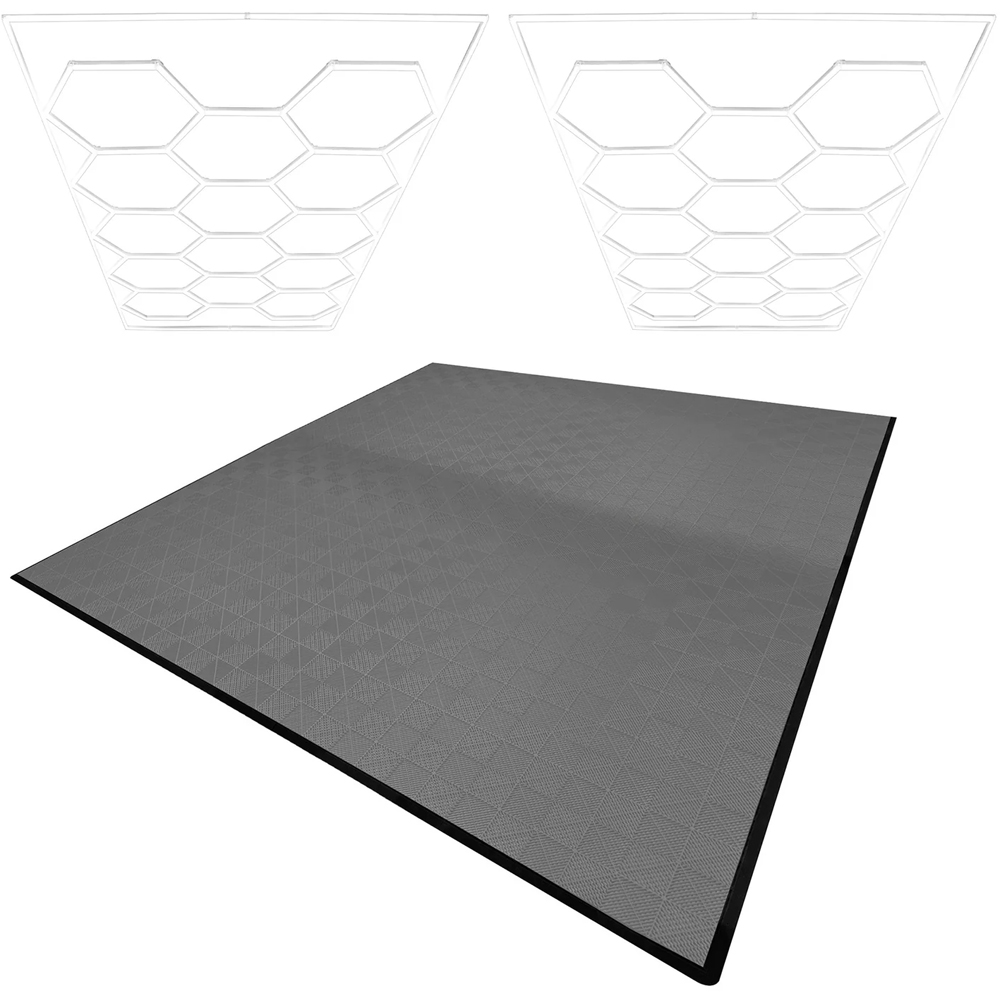 MonsterShop 225 Grey Vented Garage Floor Tiles with Edges and 2 x 14 Hexagon LED Light Image 1