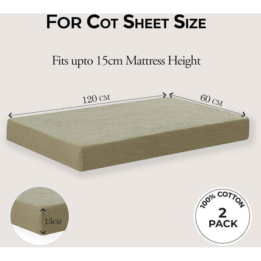 MHG Living Olive and Ecru Cotton Muslin Fitted Cot Bed Sheet 120 x 60cm 2 Pack Image 6