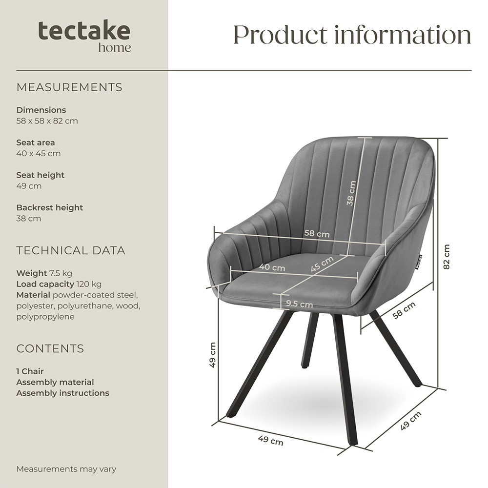 tectake Grey Velvet Swivel Armchair Image 9