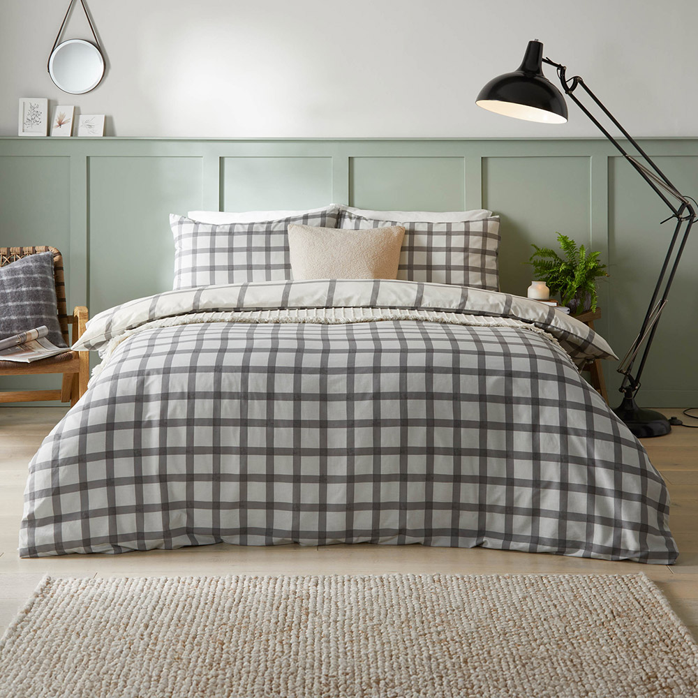furn. Canberra Single Grey and Neutral Check Printed Duvet Set Image 1
