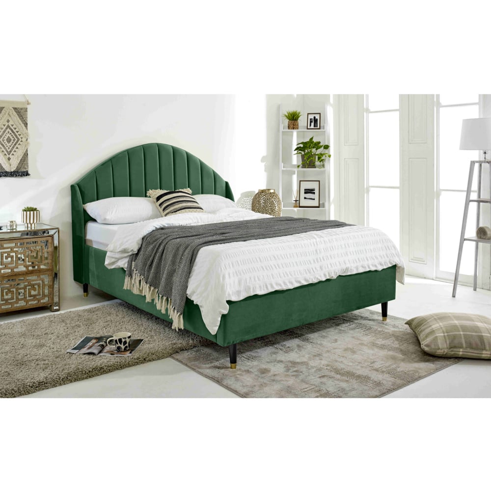 Eleganza Elysium Double Green Plush Velvet Bed Frame with Curved Winged Headboard Image 6
