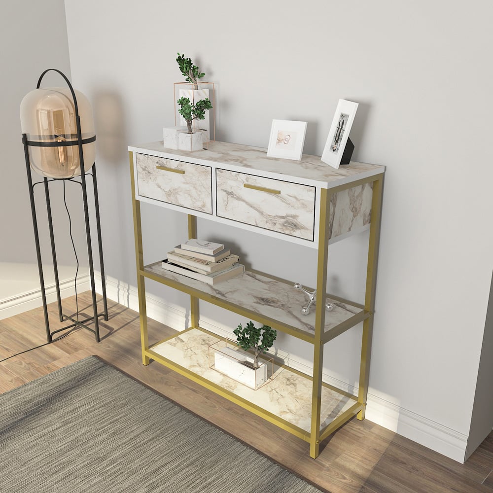 Decorotika Latho 2 Drawer and 2 Shelf White Marble Effect Sideboard Image 3