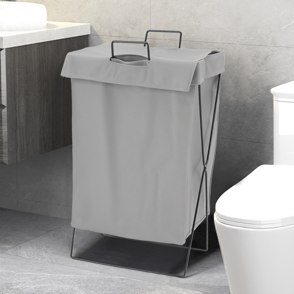 Living and Home Grey Metal Frame PU Leather Collapsible Laundry Basket with Lid Image 7