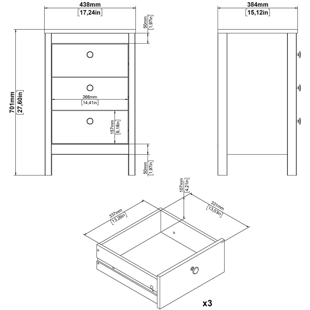 Florence Madrid 3 Drawer Cashmere Bedside Table Image 9