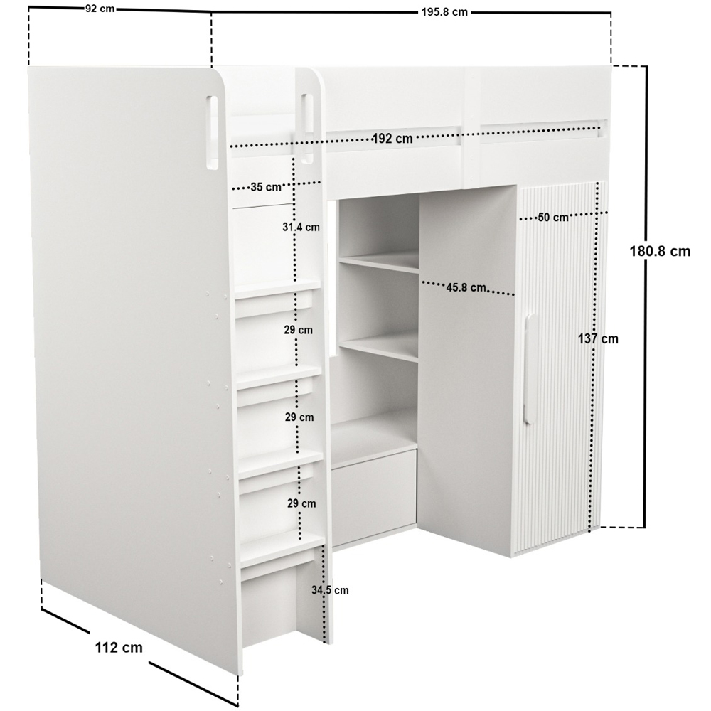 Flair Aspen White Ribbed High Sleeper with Storage and Wardrobe Image 8