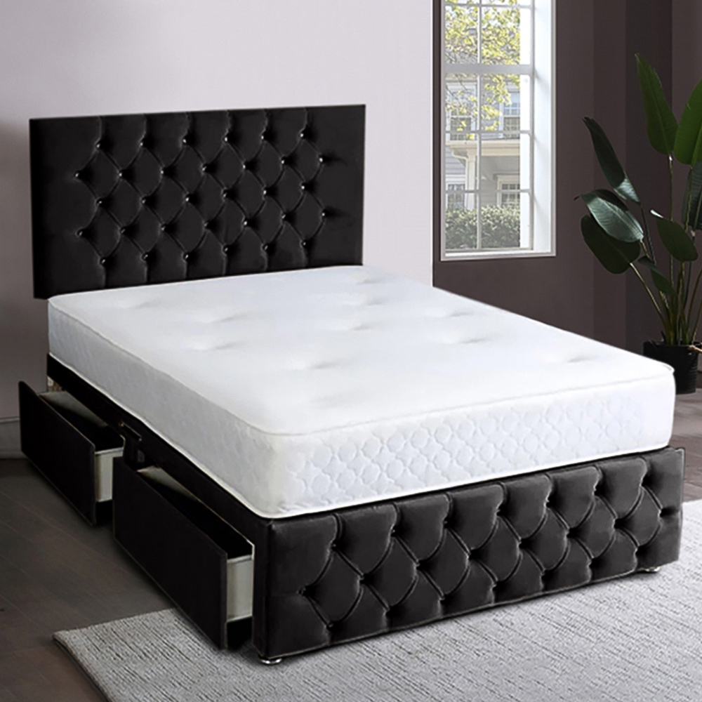 Eleganza Home Serenova King Size Black Plush Velvet 2 Drawer Divan Bed with Headboard Image 1