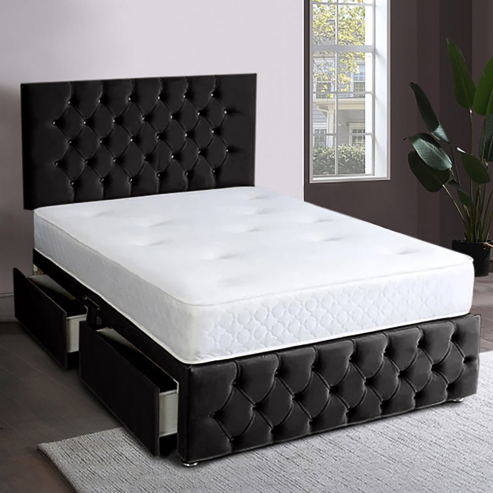 Eleganza Home Serenova Single Black Plush Velvet 2 Drawer Divan Bed with Headboard Image 1