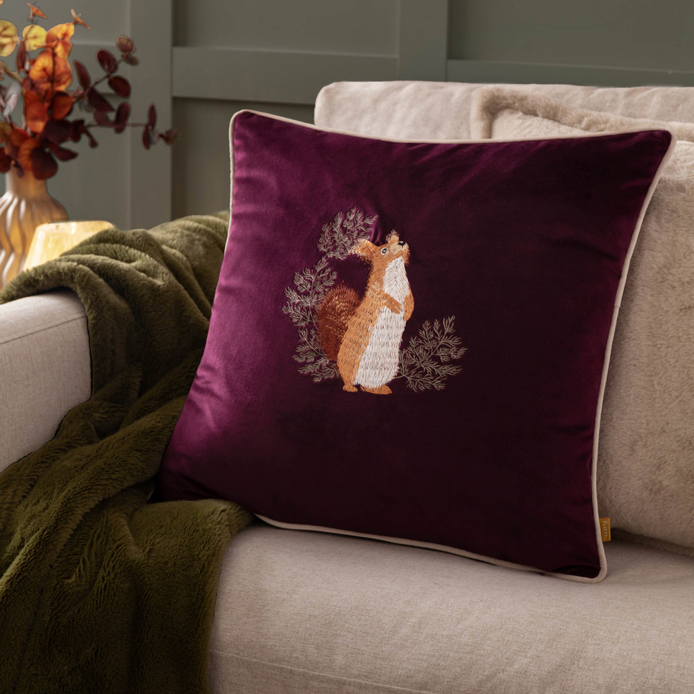 Furn Pineberry Forest Embroidered Plum Velvet Cushion 45 x 45cm Image 2