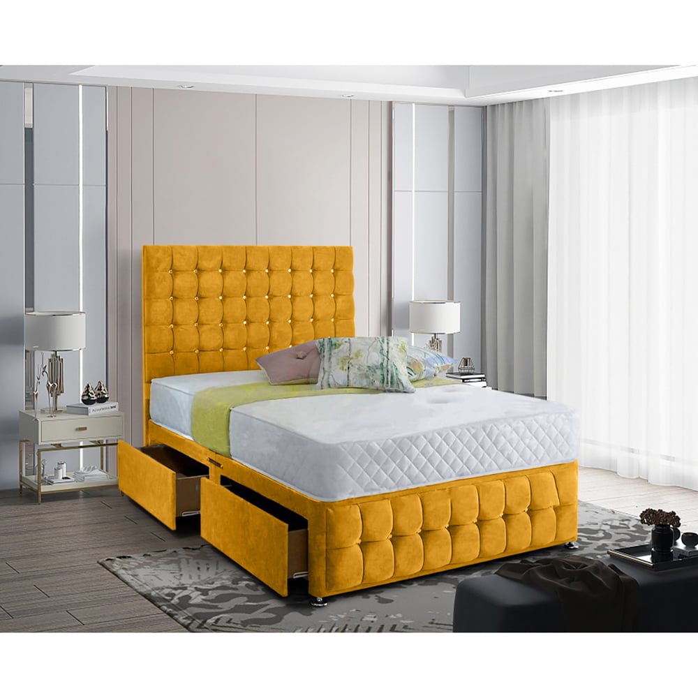 Eleganza Home Cloudrest Small Double Mustard Plush Velvet 2 Drawer Divan Bed with Headboard Image 2