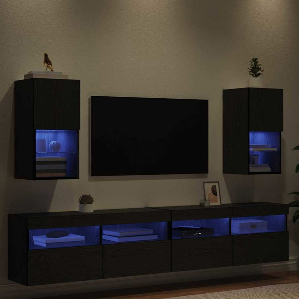 vidaXL Single Door 2 Shelf Black Oak Wall Mounted LED TV Unit Set of 2 Image 1