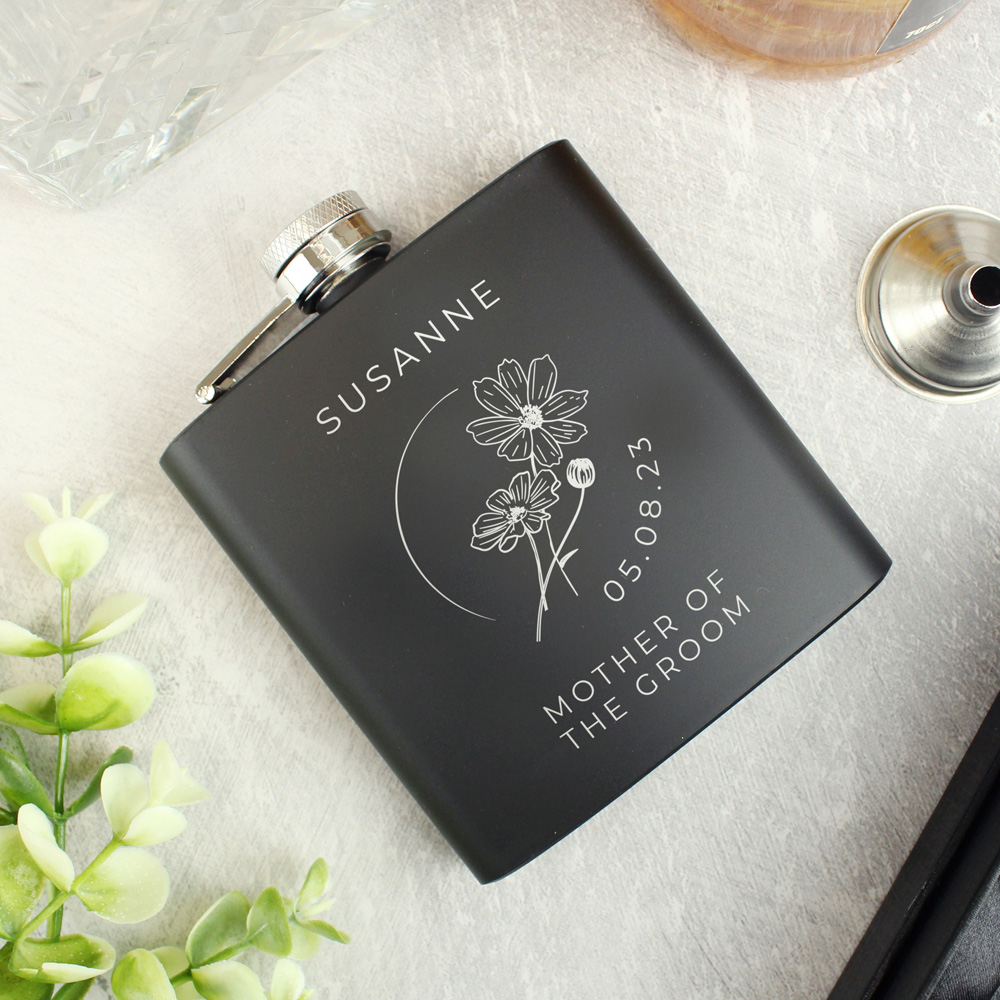 Personalised Memento Personalised Monochrome Black Floral Wedding Party Hip Flask Image 2