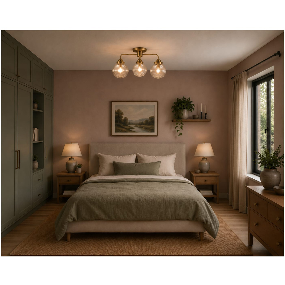 Cosylyte Finley Bathroom 3 Light Classic Ribbed Glass Brass Metal Base Down Ceiling Light Image 2