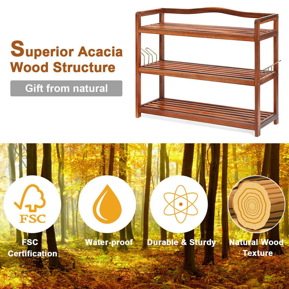 Costway 3 Shelf Solid Acacia Wood Shoe Rack with Side Metal Hooks Image 6
