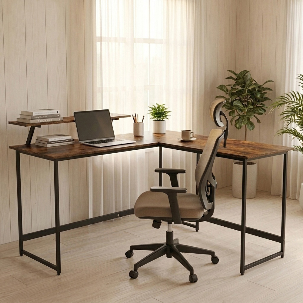 Abrihome Single Shelf Industrial Style L-Shaped Corner Computer Desk Brown Image 1