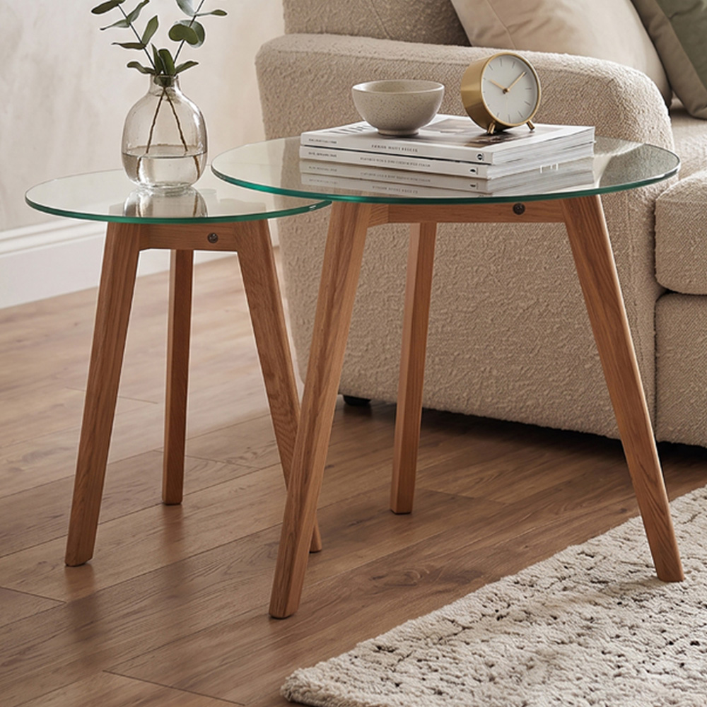 Premier Housewares Nostra Glass Top Oak Wood Base Nordic-Style Side Table Set of 2 Image 1