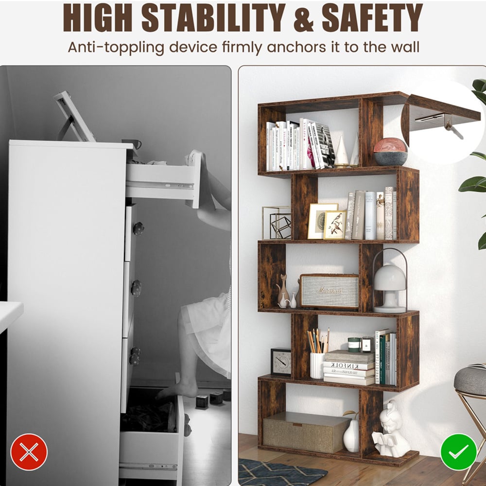 Costway 5 Shelf Brown S Shaped Bookcase Image 4