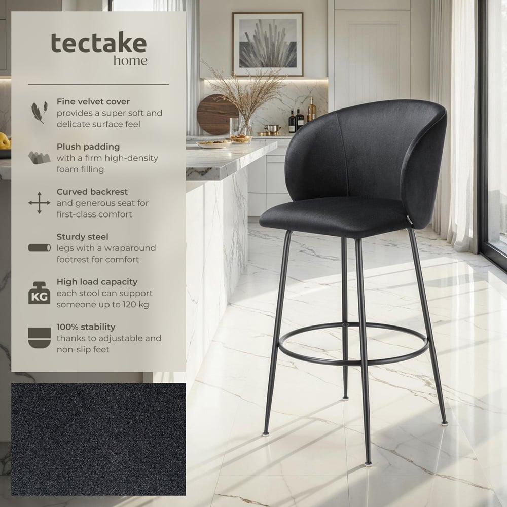 tectake Luana Black Velvet Look Padded Bar Stool Set of 6 Image 7