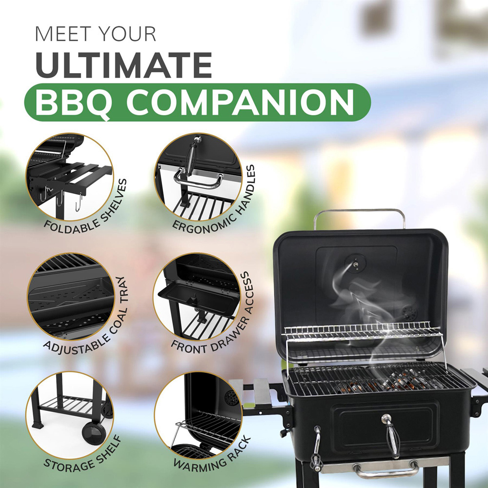 House of Home Black Charcoal BBQ Smoker with 2 Foldable Side Table Image 2