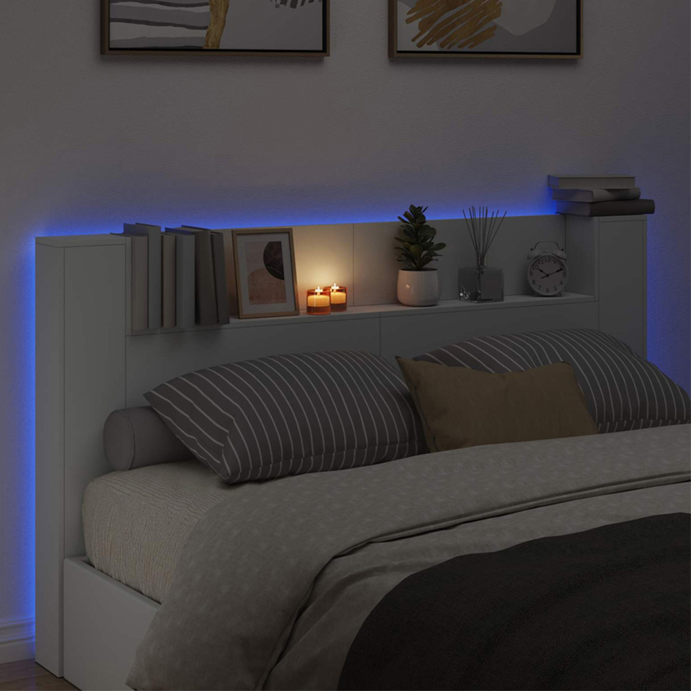 vidaXL Single Shelf White Headboard Cabinet with LED Light Image 1