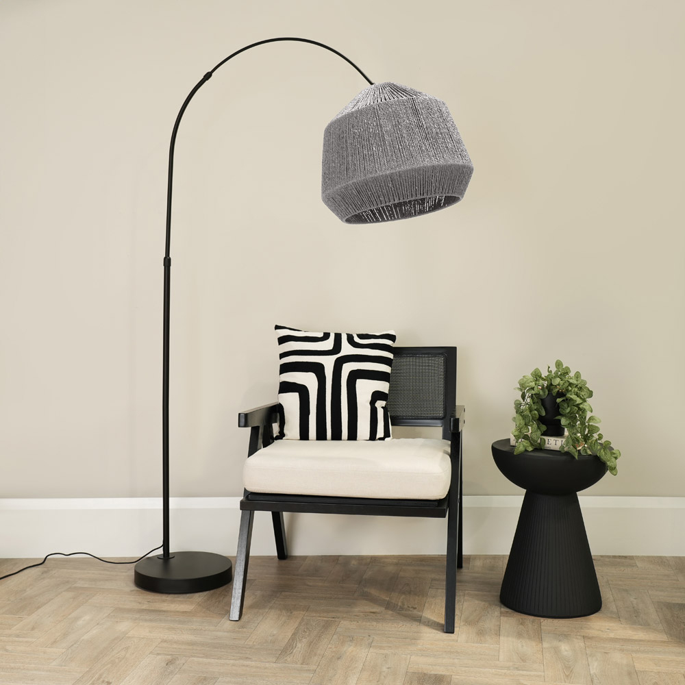 ValueLights Louis Grey Rope Dome Shade Black Curved LED Floor Lamp Image 3
