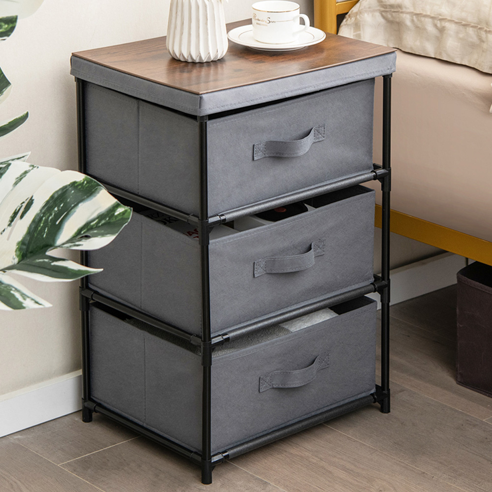 Costway 3 Drawer Grey Fabric Nightstand with Removable Lid Image 1