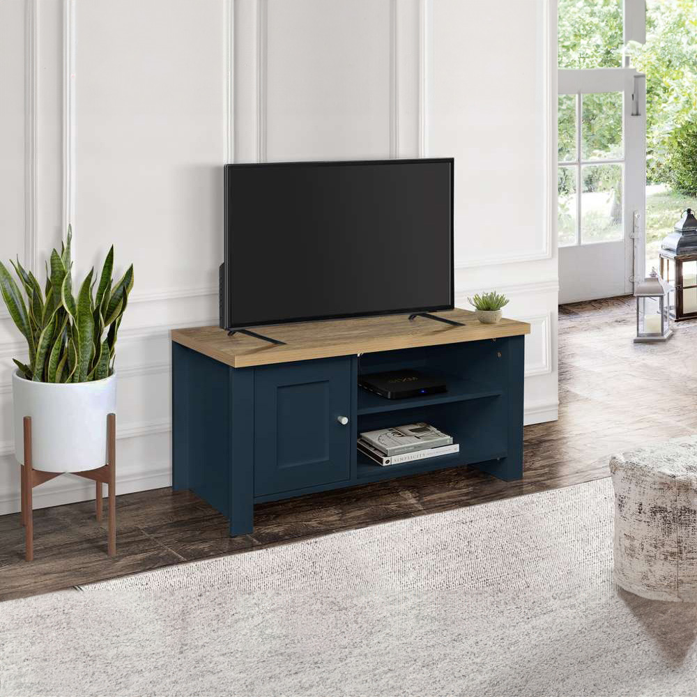 Highgate Single Drawer 2 Shelf Navy Blue Oak Small TV Unit Image 6