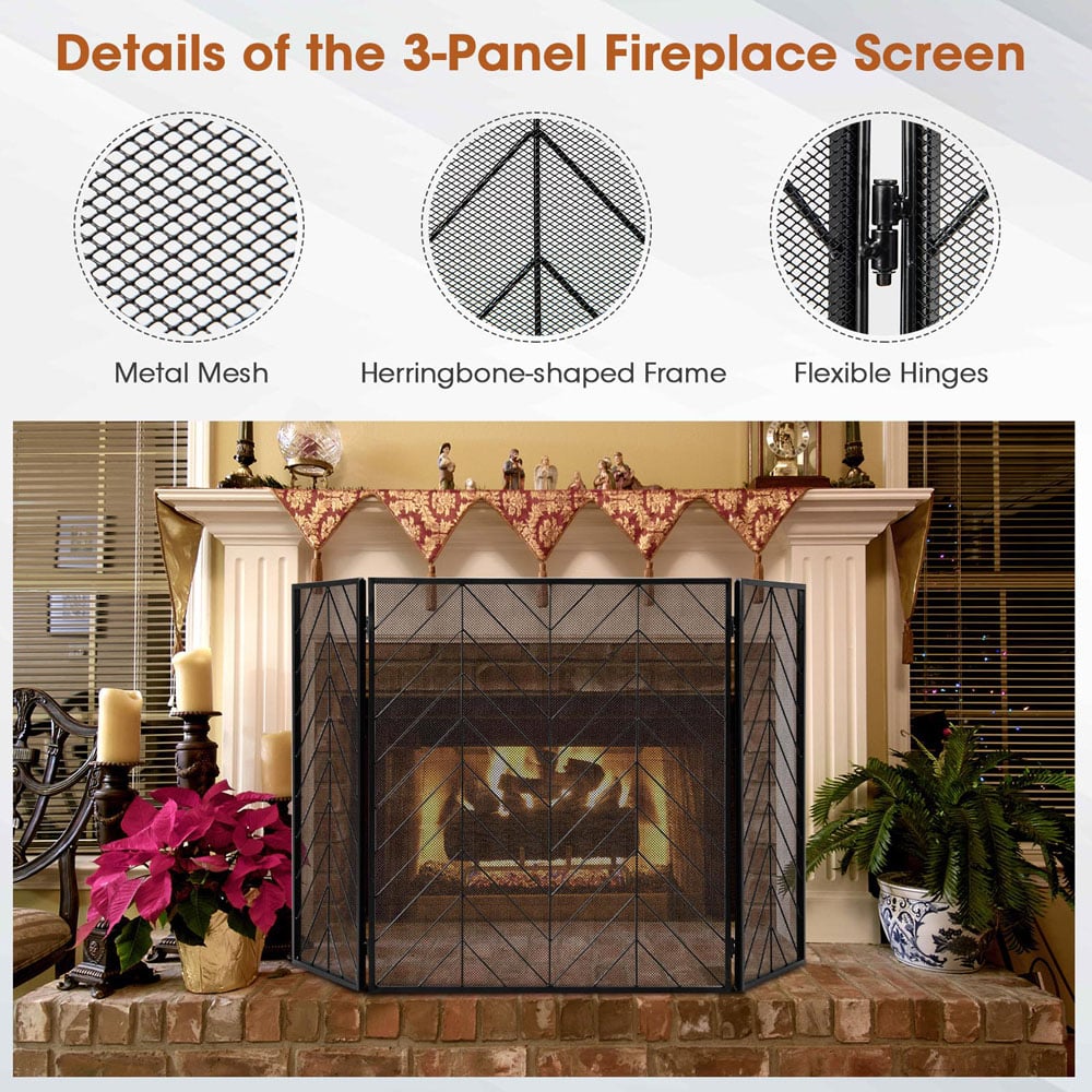 Costway Black Foldable Wrought Metal Iron Mesh Fire Spark Guard with Hinges Image 5