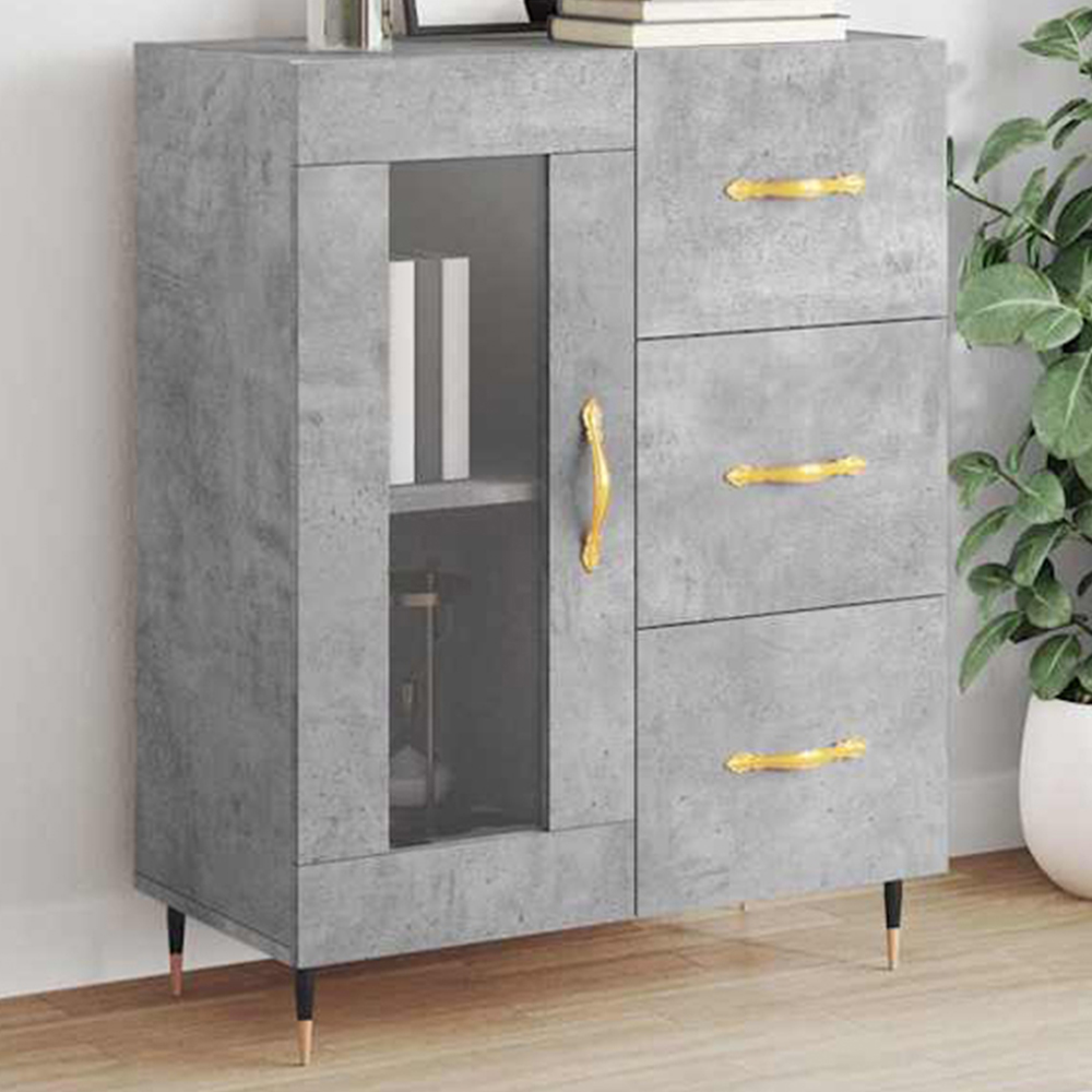 vidaXL Single Glass Door 3 Drawer Concrete Grey Wooden Sideboard Image 1