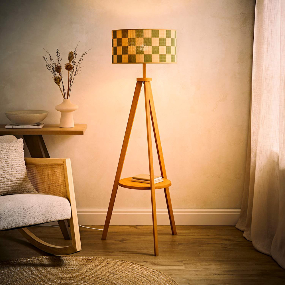 ValueLights Morrigan Mid Wood Tripod Floor Lamp with Green Check Bamboo Shade and Bulb Image 2