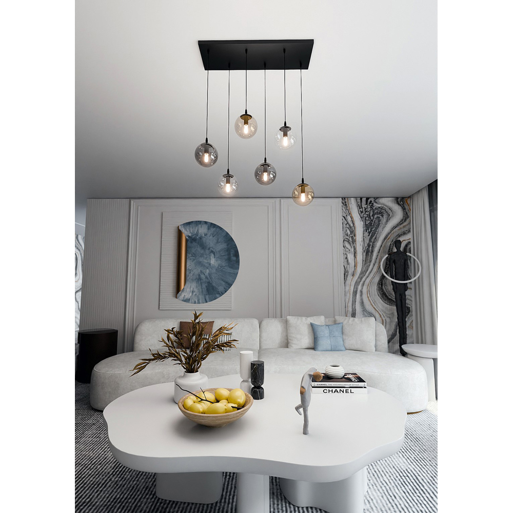 Emibig Cosmo 6 Light Transparent Graphite and Amber Shade Black E14 Ceiling Pendant Light Image 5
