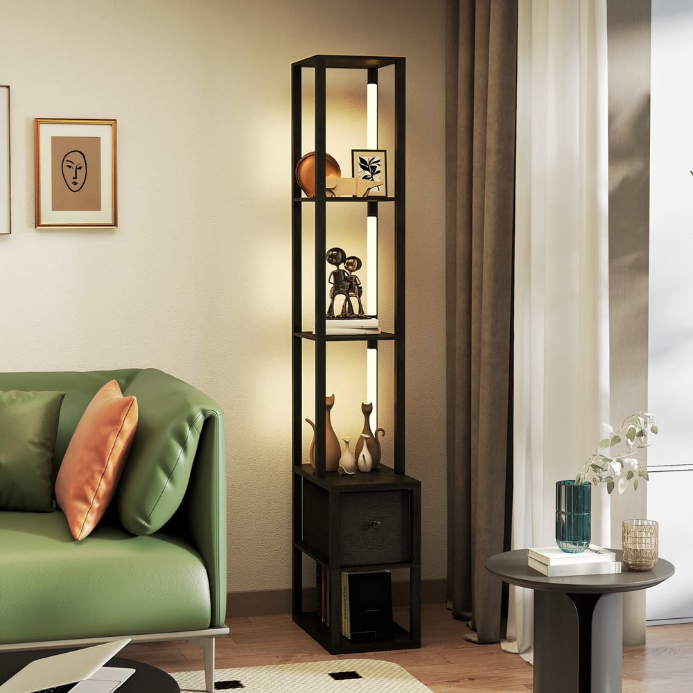 HOMCOM Single Drawer 4 Shelf Black LED Floor Lamp Image 5