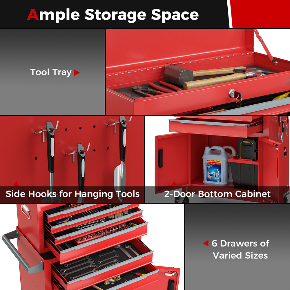 Costway 2 in 1 6 Drawer Red Rolling Tool Chest with Universal Wheels and Hooks Image 7