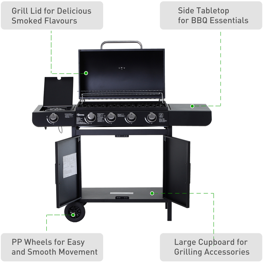 Outsunny Deluxe Black 4 Burner Gas BBQ Grill with Side Burner Image 6